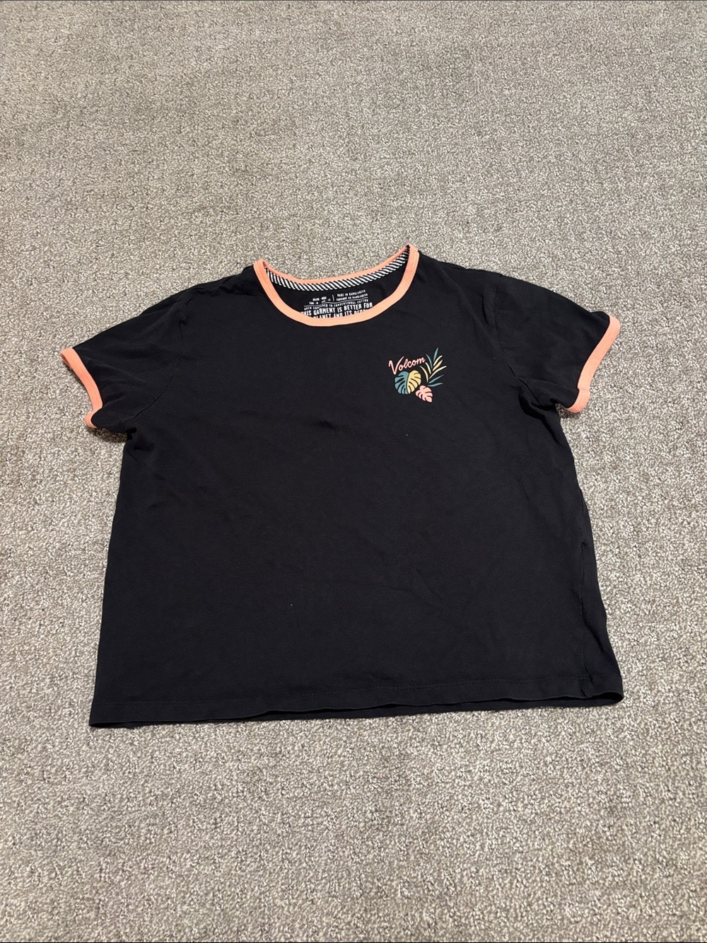 Volcom Black Tee with Coral Trim and Mini Tropical Chest Logo - Kids